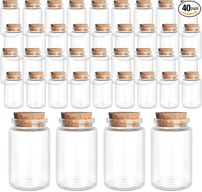 JIUYUE 40 pcs 50 ml Small Glass Cork Bottles,Cork Decoration(1.69 oz-1.45x2.75 inch)