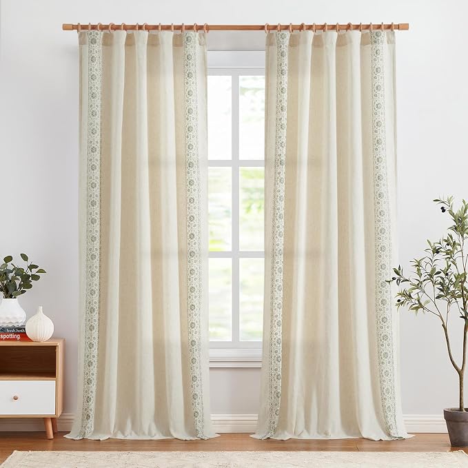jinchan Floral Linen Curtains Embroidered Back Tab 50x108in 2 Panels Sage | - Image 3