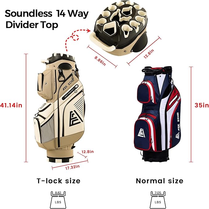 ASK ECHO T-Lock Golf Cart Bag with 14 Way Organizer Divider Top, Premium Cart Bag with Handles and Rain Cover, for Men