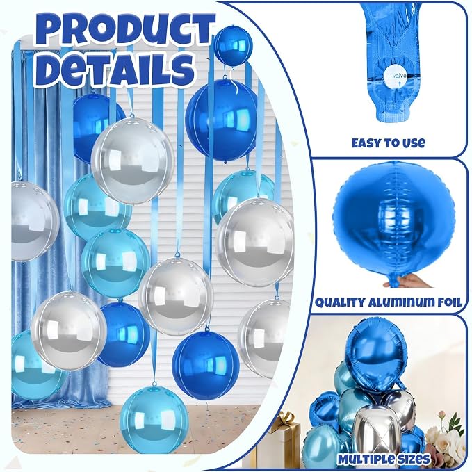 Blue and SIlver Round Balloons Foil, Metallic Blue Silver Balloons - Image 3