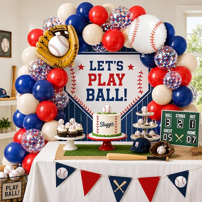 Baseball Balloons, 12 Inch Navy Blue Red Balloons, Nude Red Blue Confetti Latex - Image 5