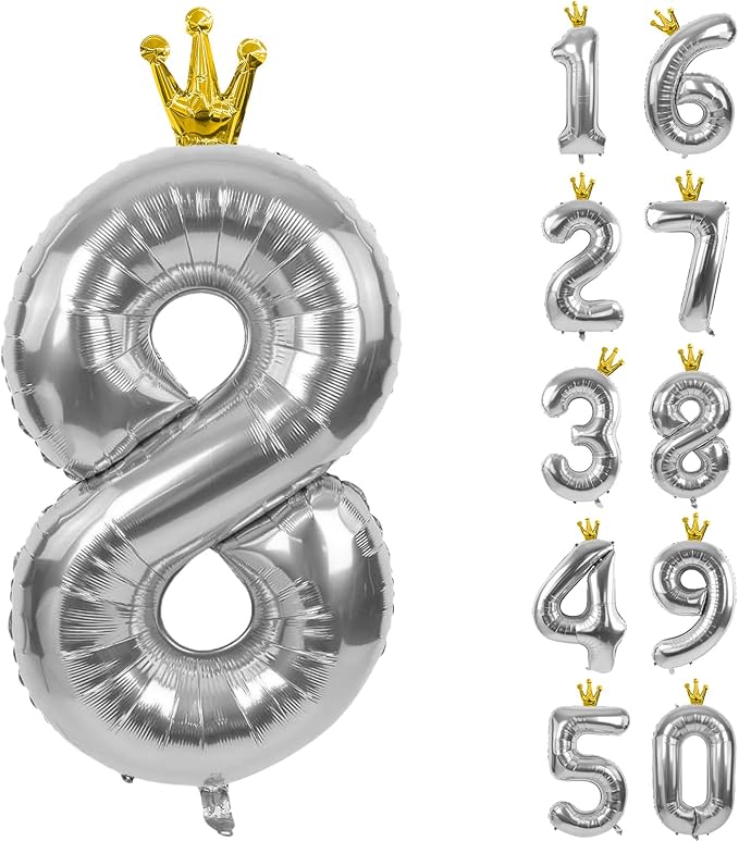 Silver Number 8 Balloon with Crown, 40 inch Silver Number Balloon 8th Birthday by Yeodong