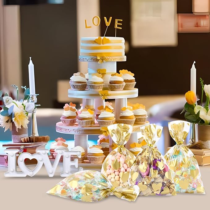 COQOFA 100 Pcs 5x7 IN Gold Heart Cello Cellophane Gift Bags - Image 5