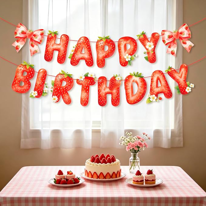 MEETINGU Strawberry Happy Birthday Banner, Watercolor Style, - Image 5