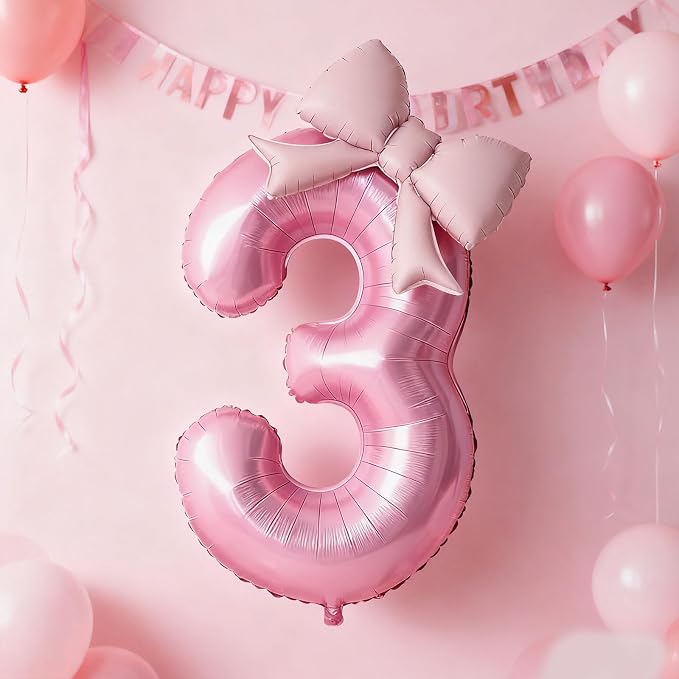 Bow Pink 3 Balloons, 40 Inch Giant Pink Bow Helium Foil Number 3 - Image 3