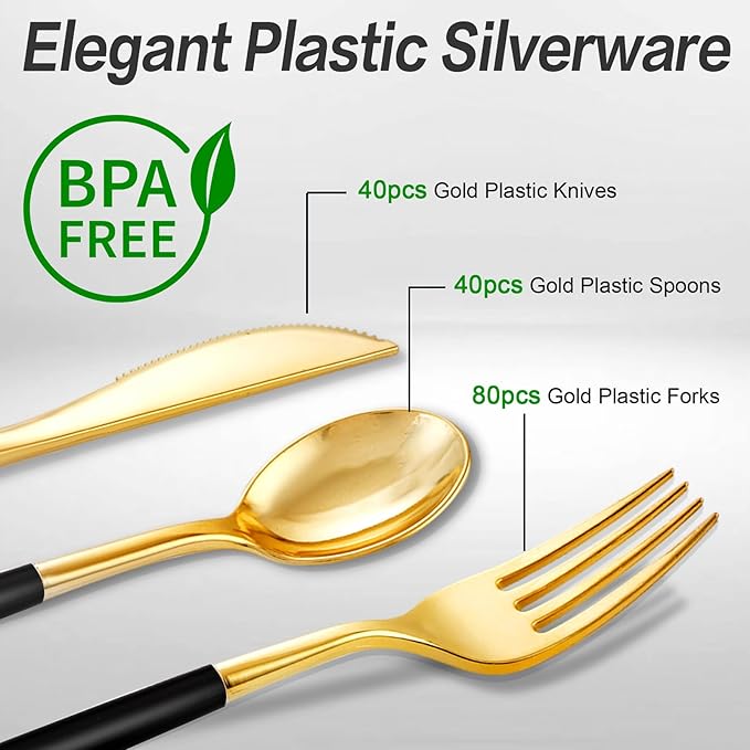 SUT Gold Plastic Silverware (160Pcs) Forks and Spoons Disposable, 80 Gold Plastic Forks, 40 Gold Knives, 40 Gold Spoons, Black and Gold Utensils Set Disposable for Parties, Weddings,New Year,Halloween