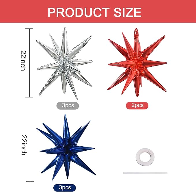 TONIFUL 8 Pcs Navy Blue Silver Red Explosion Star Foil Balloon Party Decor | 22 - Image 2