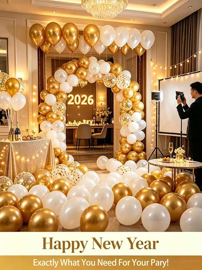 Gold and White Balloons 12 Inch 60 Pcs Metallic Gold Pearl White Latex Confetti - Image 8