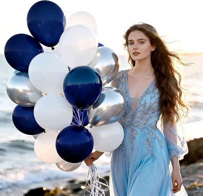 Navy Blue White and Silver Balloons 100 Pack 12 Inch White and Silver Metallic - Image 5