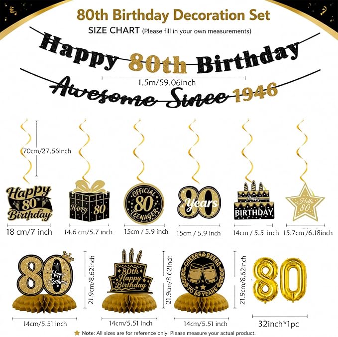 80th Birthday Decorations for Men Women, Pre-Strung Black Gold Happy 80th - Image 4