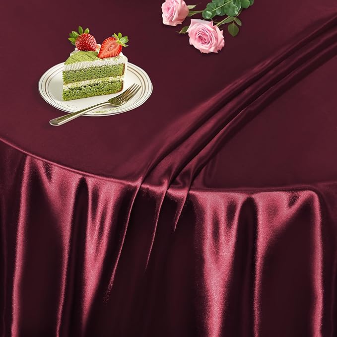 KKJIAF 1 Pack 60 Inch / 5ft Round Table Cloth, Burgundy Overlay Round Satin Table Cover, Silky Satin Dining Tablecloths for Wedding Buffet Parties Banquet Decoration