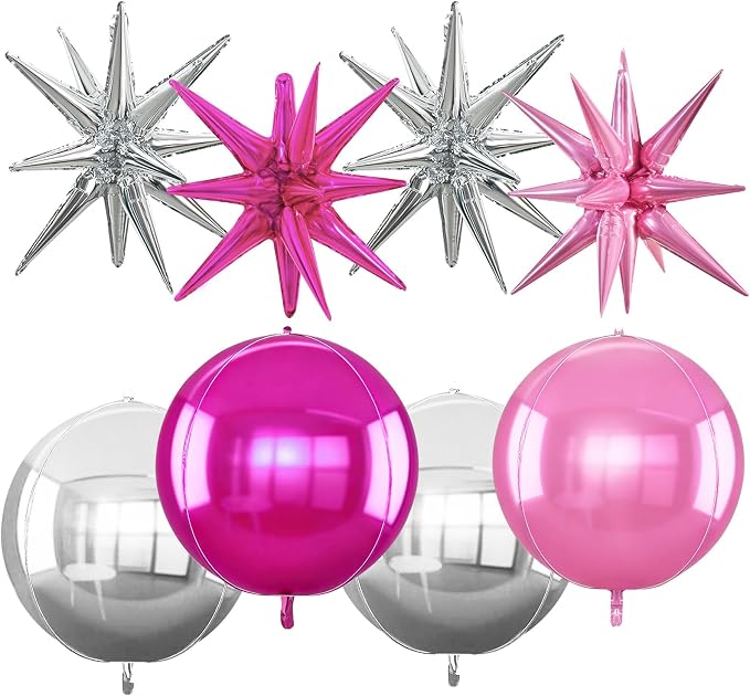 TONIFUL 8Pcs 22Inch Silver Pink Rose Red Large 4D Giant Round Star Balloons by TONIFUL