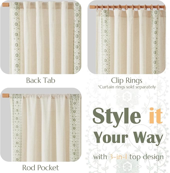 jinchan Floral Linen Curtains Embroidered Back Tab 50x108in 2 Panels Sage | - Image 7