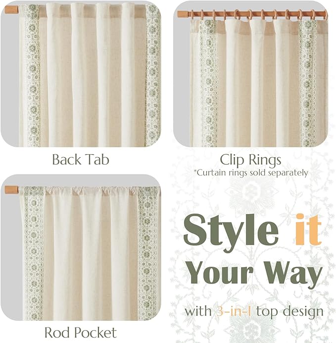 jinchan Floral Linen Curtains Embroidered Back Tab 50x72in 2 Panels Sage | - Image 7