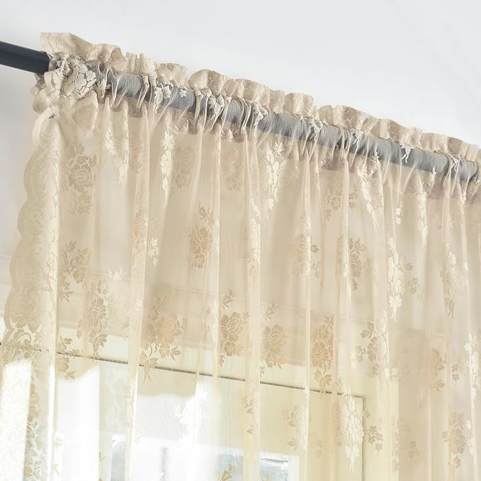 Kotile Beige Lace Kitchen Curtains Rustic Floral W42 x L30 Inch, 2 Panels | Rod - Image 3