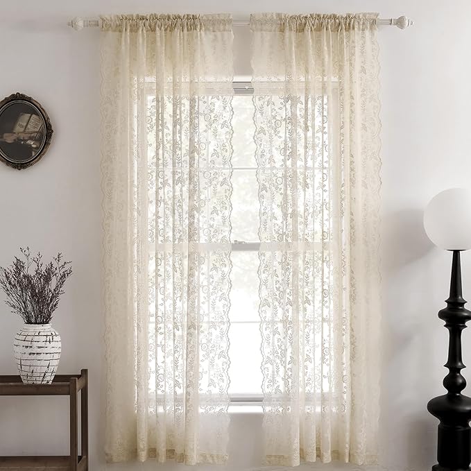 FINECITY Beige Floral Lace Curtains - Image 3