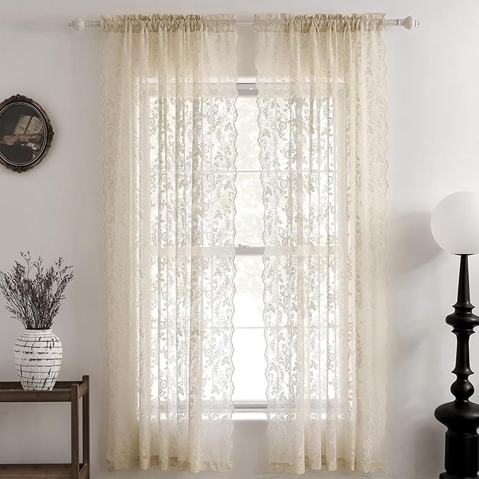 Beige Lace Kitchen Curtains Rustic Leaf Floral W42 x L45 Inch 2 Panels | Rod - Image 7