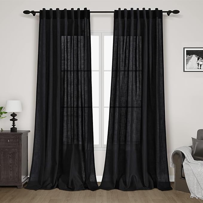 Solid Black Curtains 96 Inches Long 2 Panel Set Back Tab Sheer Black Linen by Nanspring