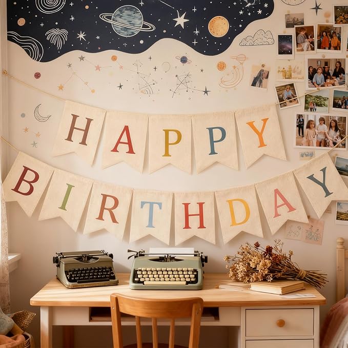 Happy Birthday Burlap Banner Boho Theme Garland White Bunting Bohemian Hanging - Image 4