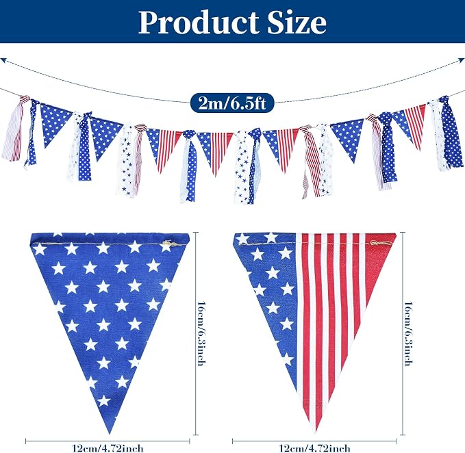 4th of July Patriotic Fabric Tassel Banner Garland – 10 FT Red White Blue - Image 2
