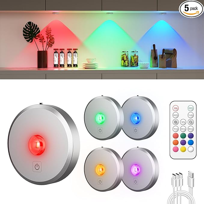 RGB Puck Lights with Remote Control, 2000mAh Rechargeable Stick on Led Lights, 9 Colors & 2 Dynamic, Tap Light with Timing,Under Cabinet Lighting for Closet,Kitchen,Cabinet,Shelf(Silver, 5 Pack)