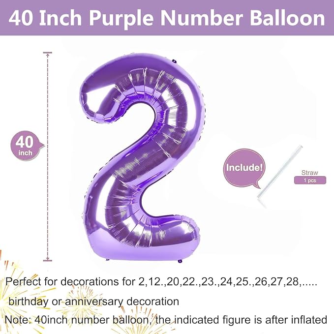 Purple Number Balloons, 40 Inch Purple Balloon 2.2 Helium Balloon 2th Birthday - Image 2