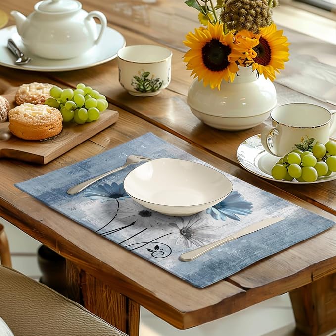 Daisy Placemats Set of 4 Blue Grey Rustic Vintage Floral Table Place Mats 12x18 - Image 6
