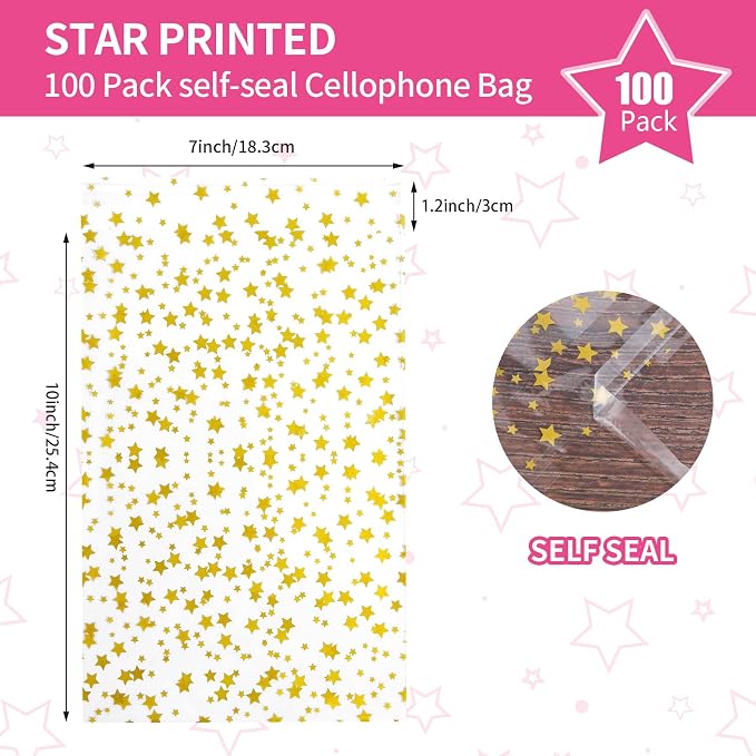 COQOFA 100 Pcs Star Printed Sealable Gift Wrap Cello Cellophane Bags Self - Image 2