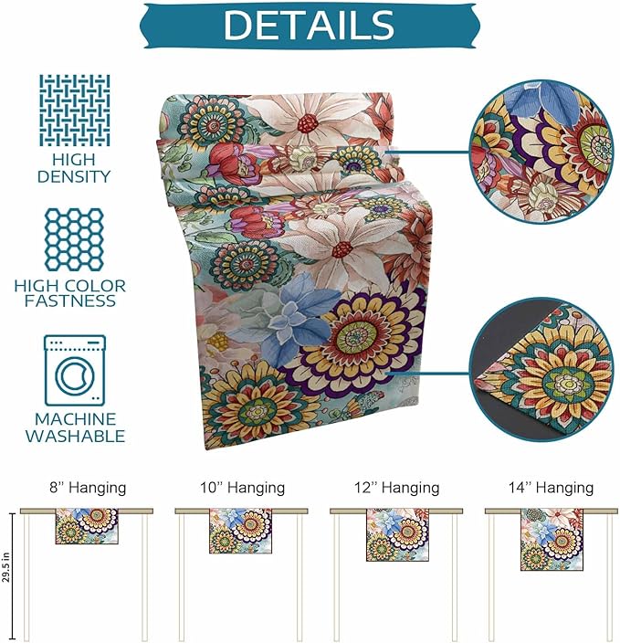 Boho Flowers Cotton Linen Table Runner for Dining Kitchen, Wedding Outdoor Party Tablerunners Decoration, Colorful Floral Farm Vintage Botanical Dresser Scarf Coffee Tablecloth Runners 13x90 Inches