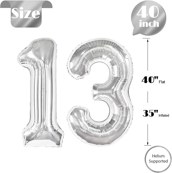 Silver Number 13 Balloon 40 Inch, 13th Birthday Decorations Men Women | Foil - Image 5