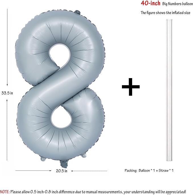 40 In Matte Gray Number 8 Balloons Helium Foil Mylar Balloon Digit 8 | - Image 2