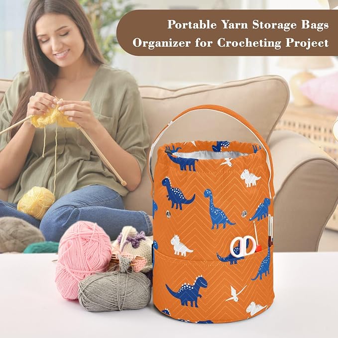 Orange Cartoon Dinosaurs Yarn Bag Small Crochet Bag Drawstring Yarn Storage - Image 4