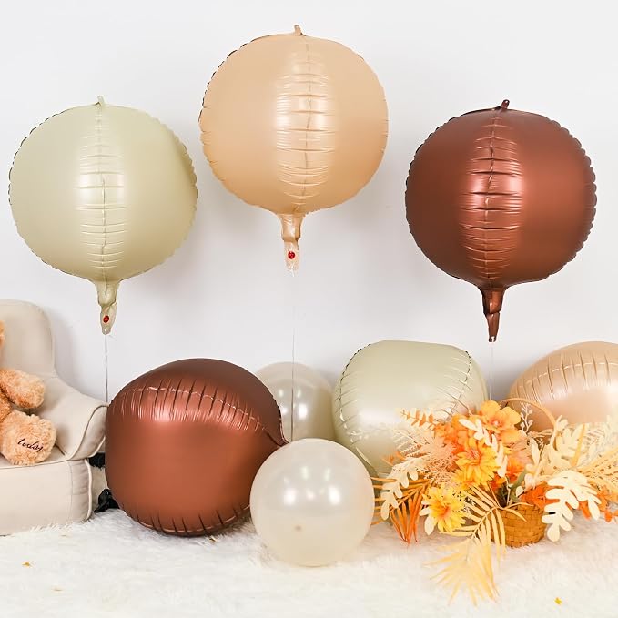 Sand White Brown Round Foil Balloons 6Pcs, Giant 4D Round Ball Balloons - Image 3