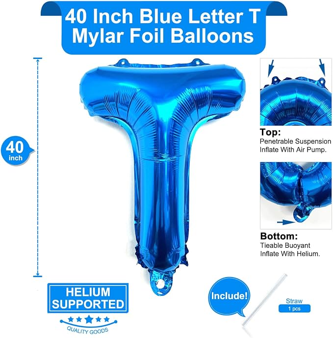 Lovoir 40 Inch Large Blue Letter T Balloons Big Size Jumbo Mylar Foil Helium - Image 2