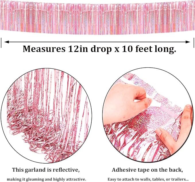 4 Pack Iridescent Pink Total 40 Feet Foil Fringe Garland Metallic Tinsel Banner - Image 2
