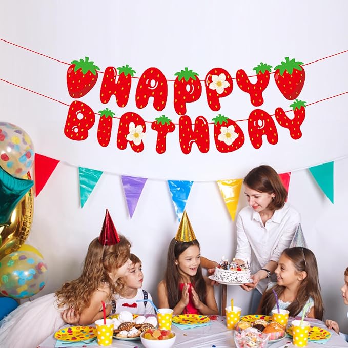 MEETINGU Strawberry Happy Birthday Banner, Strawberry Themed Birthday Party - Image 3