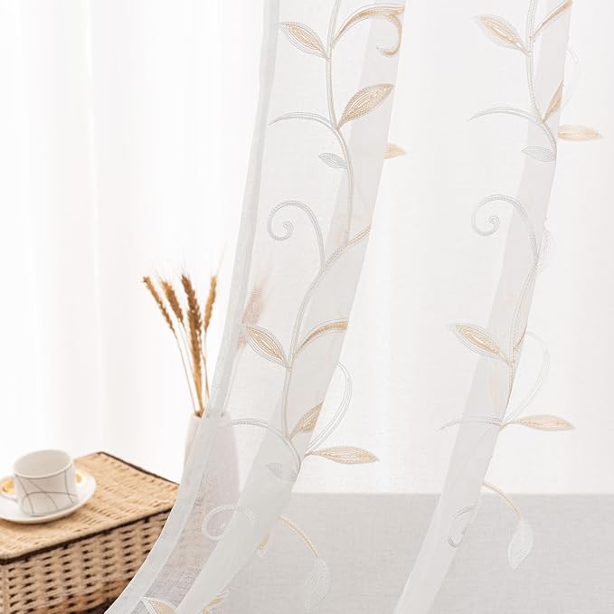 White Sheer Curtains Beige Embroidered Leaves 2 Panels 54Wx96L | Light by VISIONTEX