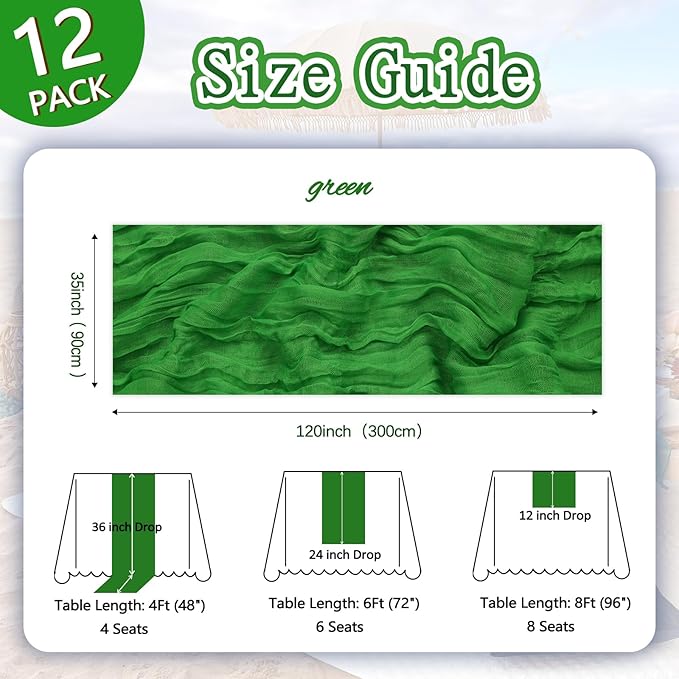 12 Pack Green Cheesecloth Table Runner 10ft Boho Gauze Fabric Cheese Cloth Table Runner 35 x 120 Inch Rustic Sheer Runner for Romantic Wedding Decor Baby Shower Party Table Centerpiece Decoration
