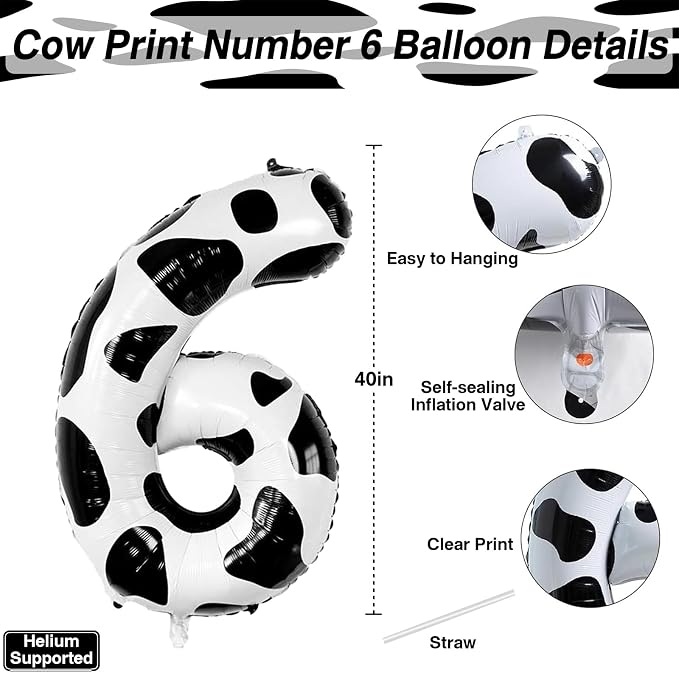 40 Inch Cow Print Number 6 Balloon, Large Black & White Decor - Image 3