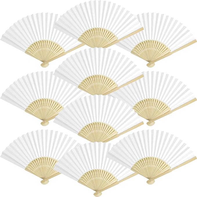 50 Packs White Paper Fans Paper Hand Fan Bamboo Folding Fan Handheld Fan Paper by Grosun