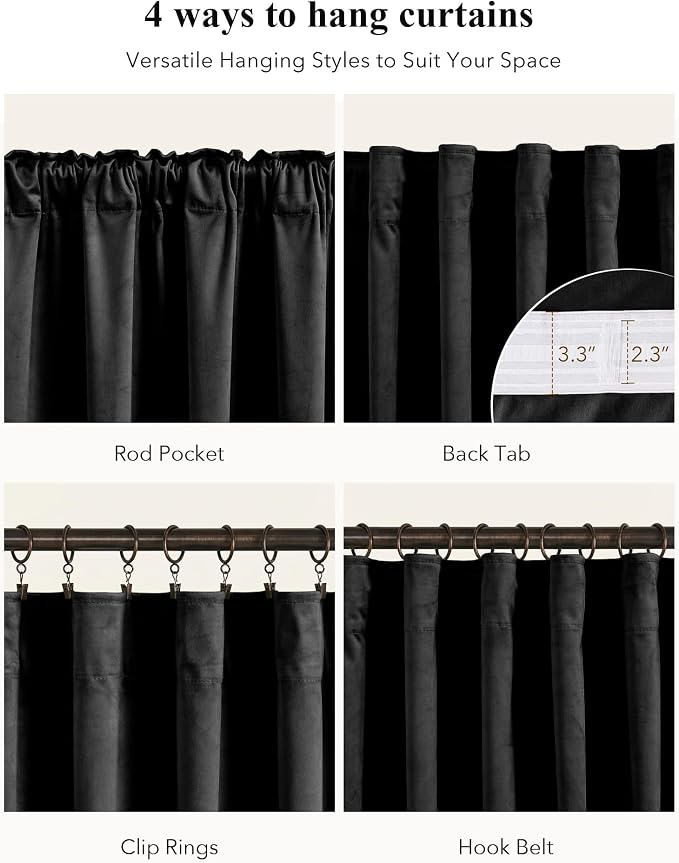 Blackout Black Velvet Curtains Extra Long Theater, Back Tab Pinch Pleat - Image 2