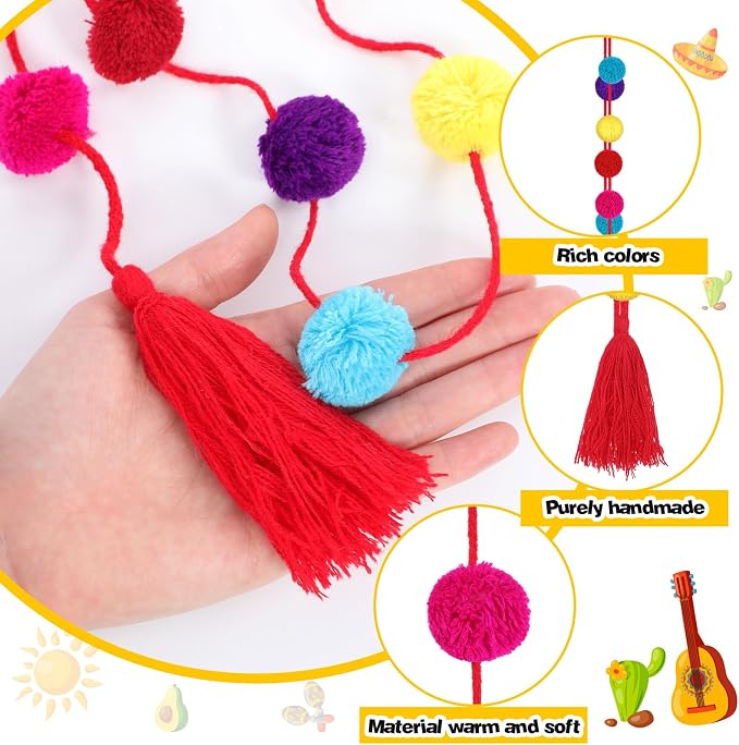 VitalCozy 12 Pcs Mexican Pom Pom Garland Colorful 59 Feet Fiesta Alter Yarn - Image 3