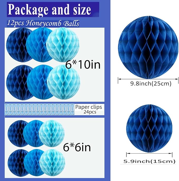 Blue Paper Honeycomb Balls, 6 and 10 inch Hanging Tissue Pompoms, 12 Pack Party - Image 2