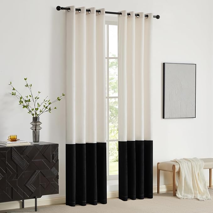 Modern Cream White Black Decorative Velvet Curtains 108 inches 2 Panels | Color - Image 7