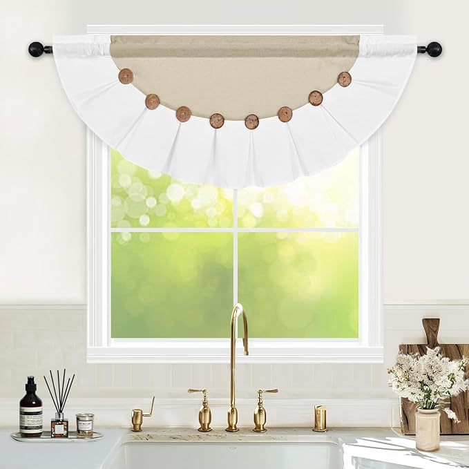 Farmhouse Valance Curtains, Boho Cotton Linen Kitchen Valance, Rustic Button - Image 3