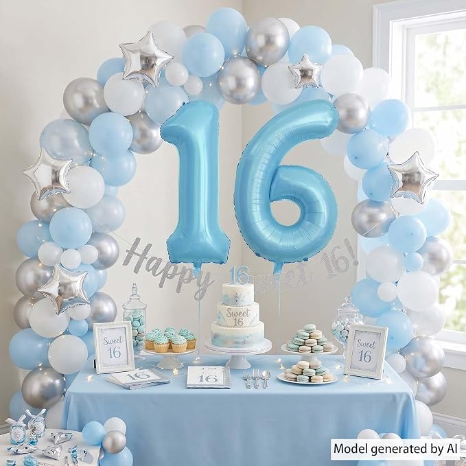 Pearlescent Blue Number 16 Balloon 40 Inch, Large Light Blue Foil 16th Birthday - Image 3