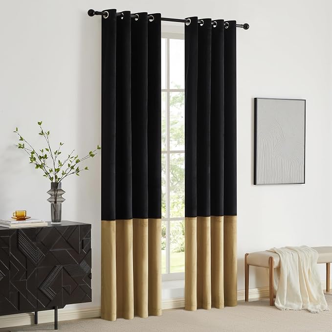 BULBUL Black Gold Color Block Window Curtains Panels 108 inches Long Velvet - Image 7