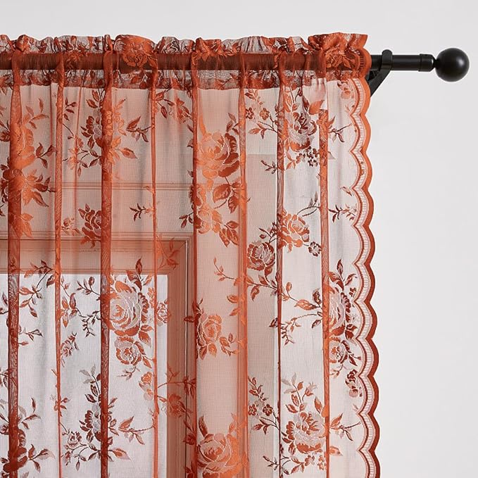 Burnt Orange Lace Curtains Short Victorian Floral Sheer Curtains 45 Inch Length - Image 4