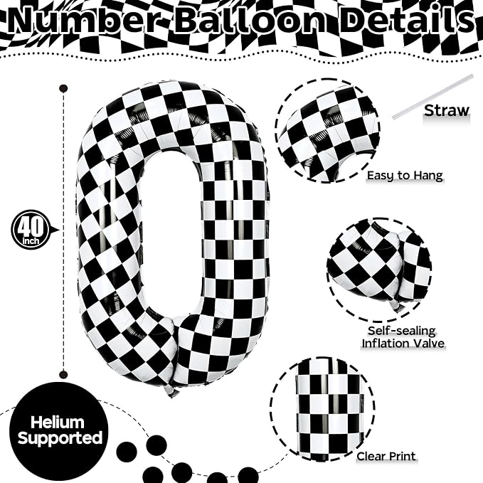 40 Inch Black and White Checkered 0 Balloon, Foil Number 0 Balloons Decor - Image 2