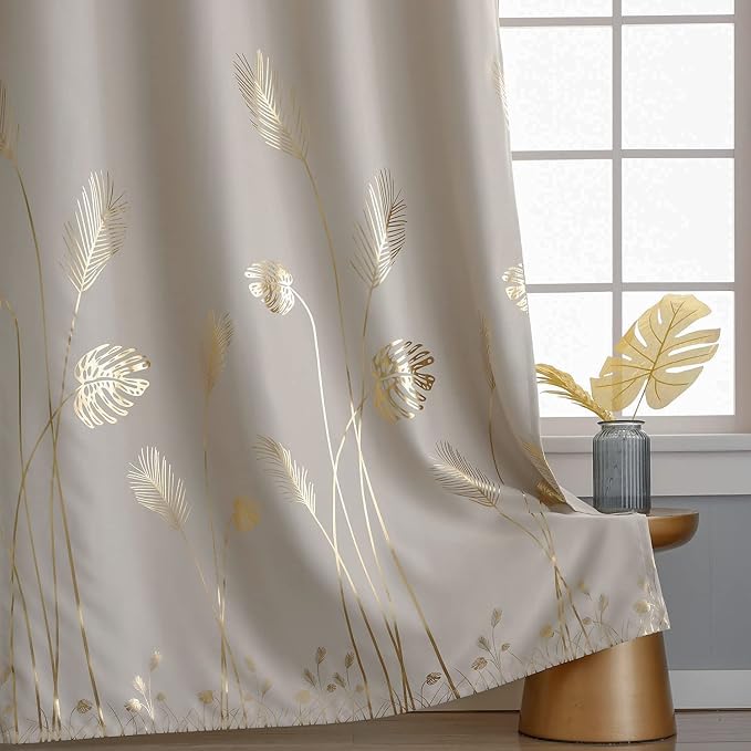 Cream Beige Curtain for Sliding Door 100W x 84L Inch Long Gold Palm Curtains - Image 4